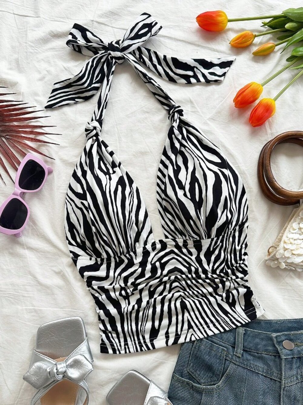 Multicolor Sexy Women's Zebra Print V-Neck Halter Camisole Knotted Bow